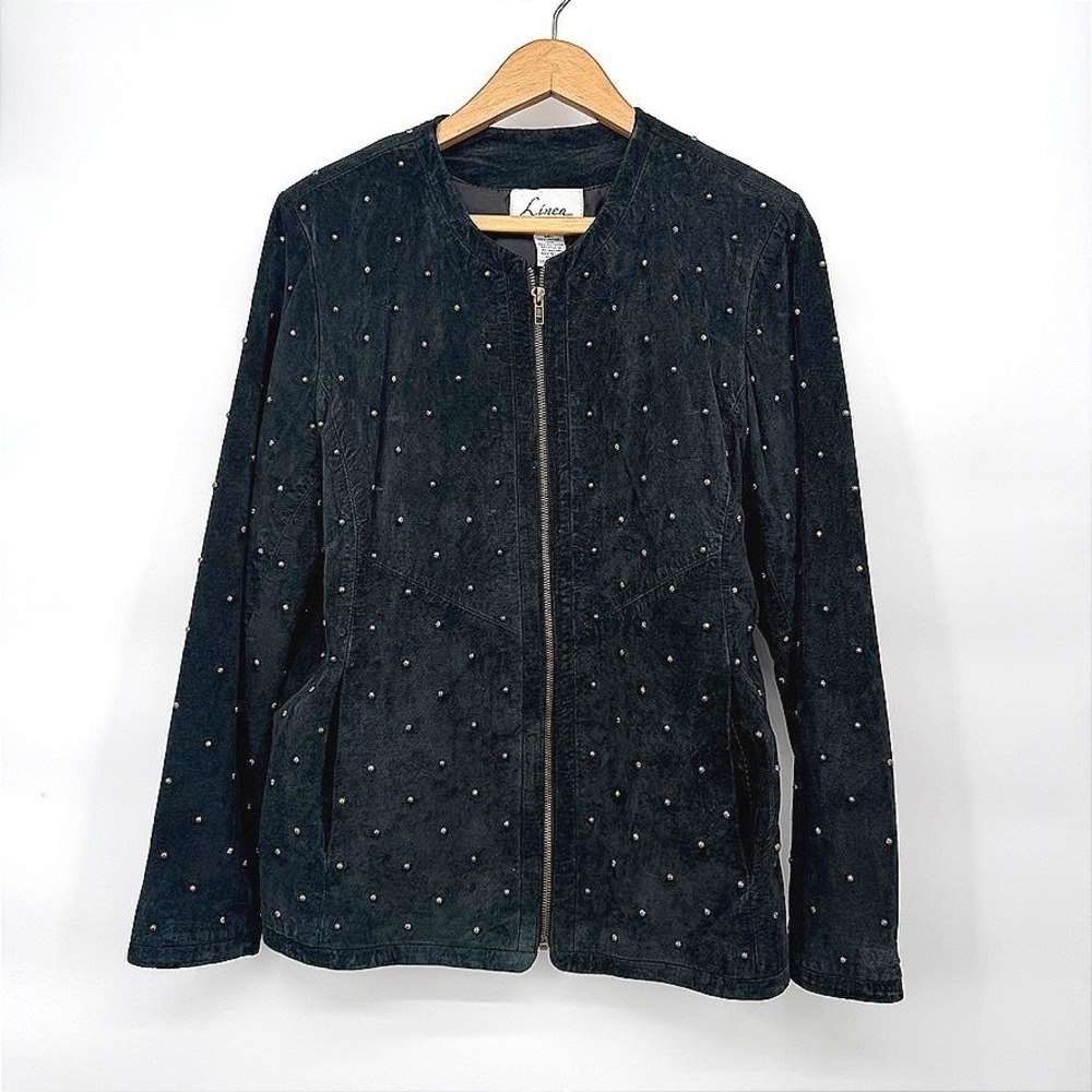 Linea by Louis Dell'Olio Black Leather Studded Zip Up Jacket Edgy Western Large